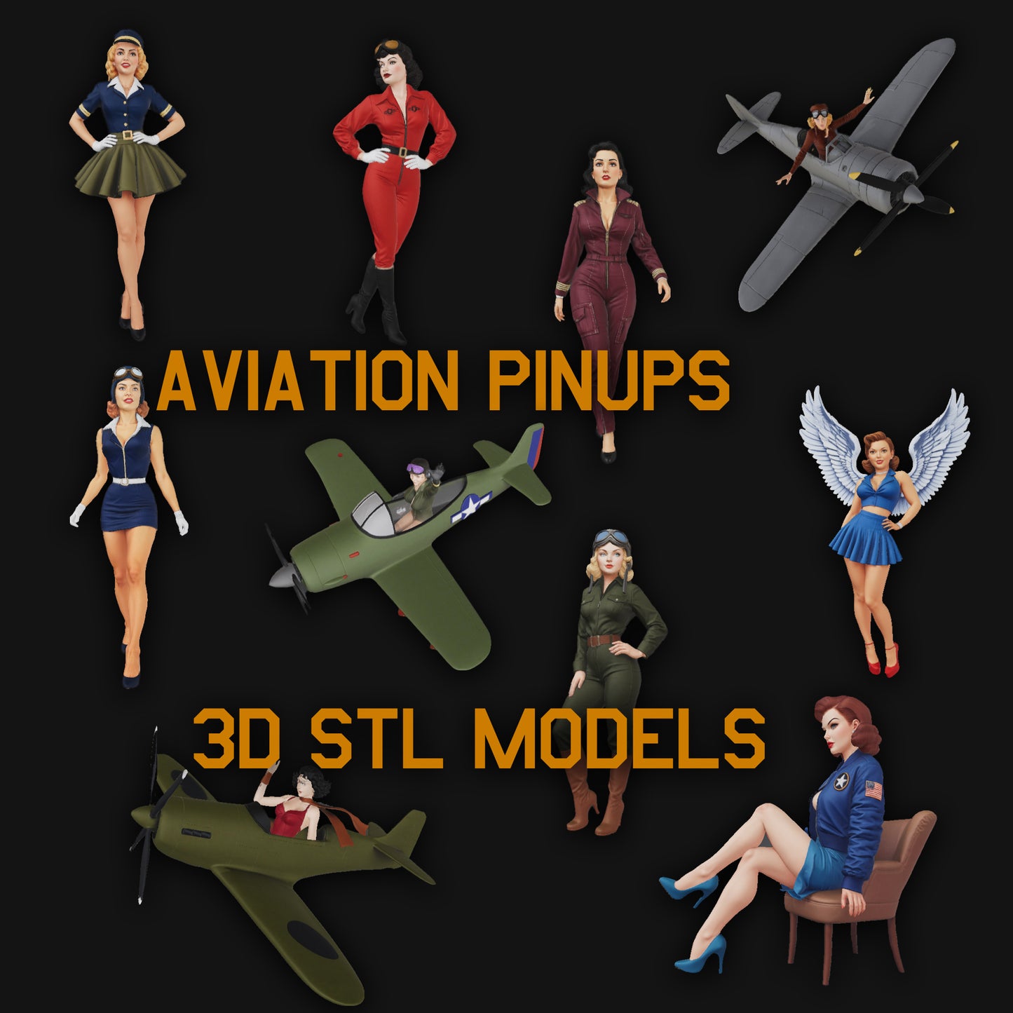 Aviation Pin-Up STL Files – Vintage WWII Style Nose Art Pin-Up Girl Miniatures for 3D Printing | Resin & FDM Printable Figurines