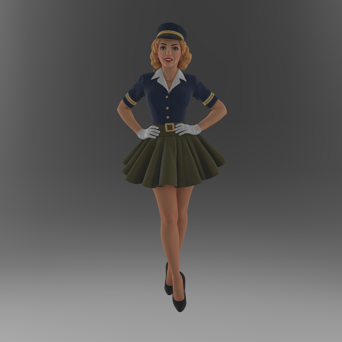 Aviation Pin-Up Girl STL – Vintage WWII Style Flight Attendant Pinup Miniature for 3D Printing | Nose Art Figurine STL File
